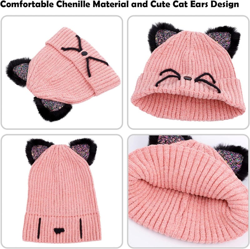 ACTLATI Little Girls Sequin Cat Ears Hats Cute Warm Knit Beanie Hat for Kids Winter Outdoor Snow Ski Skull Cap 3-8 Years - Image 5